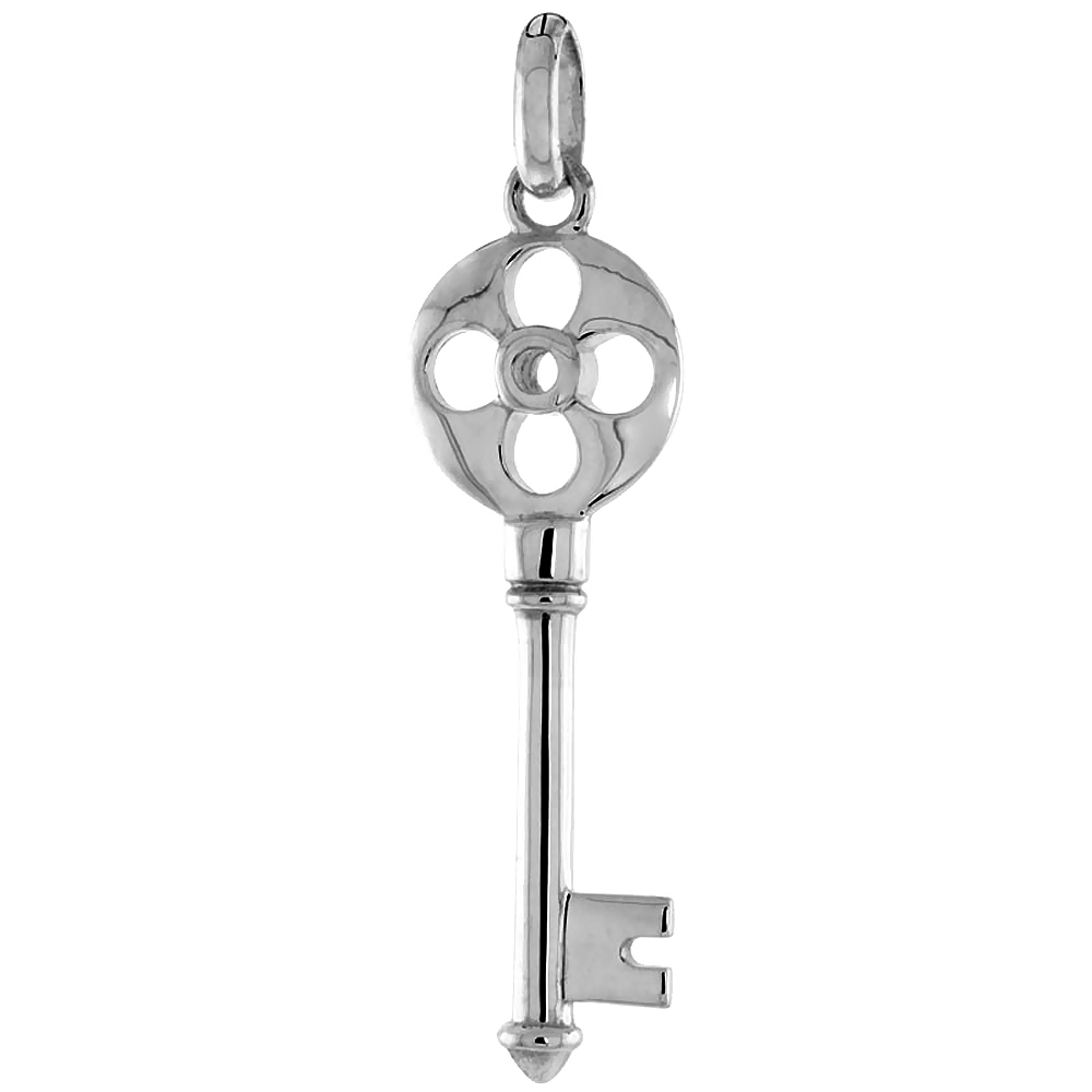 Sterling Silver Vintage Design Skeleton Key Pendant Round Quatrefoil with Circle Bow Flawless Polished Finish 1 1/2 inch Tall No Chain