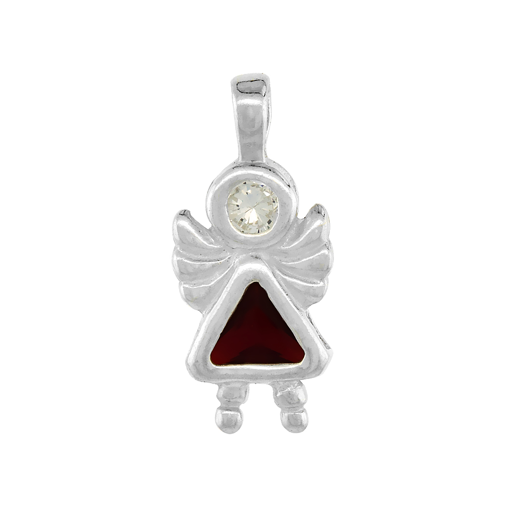 Sterling Silver Garnet Cubic Zirconia January Birthstone Angel Pendant NO Chain