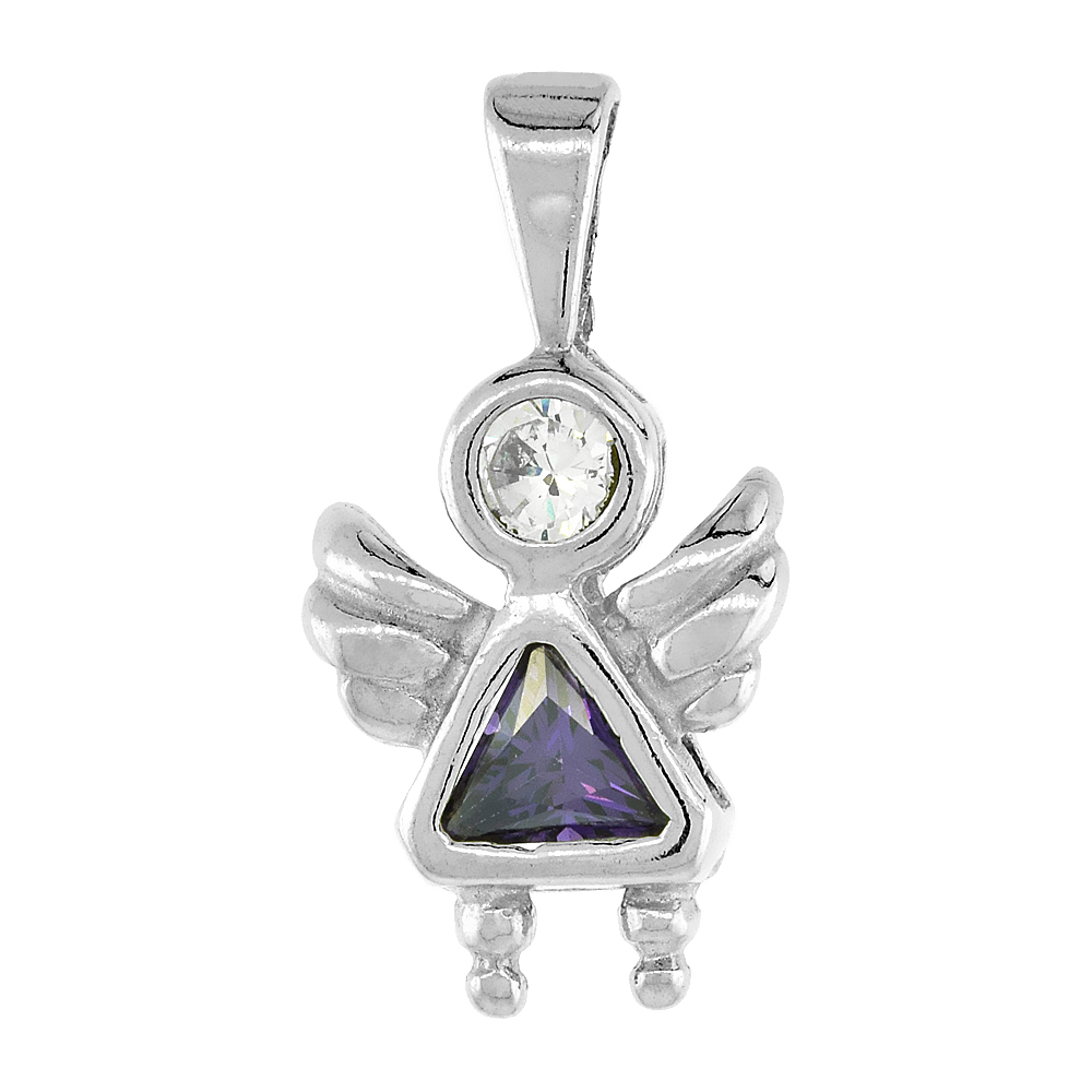 Sterling Silver Amethyst Cubic Zirconia February Birthstone Angel Pendant NO Chain