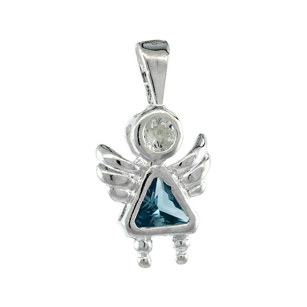 Sterling Silver Aquamarine Cubic Zirconia March Birthstone Angel Pendant NO Chain