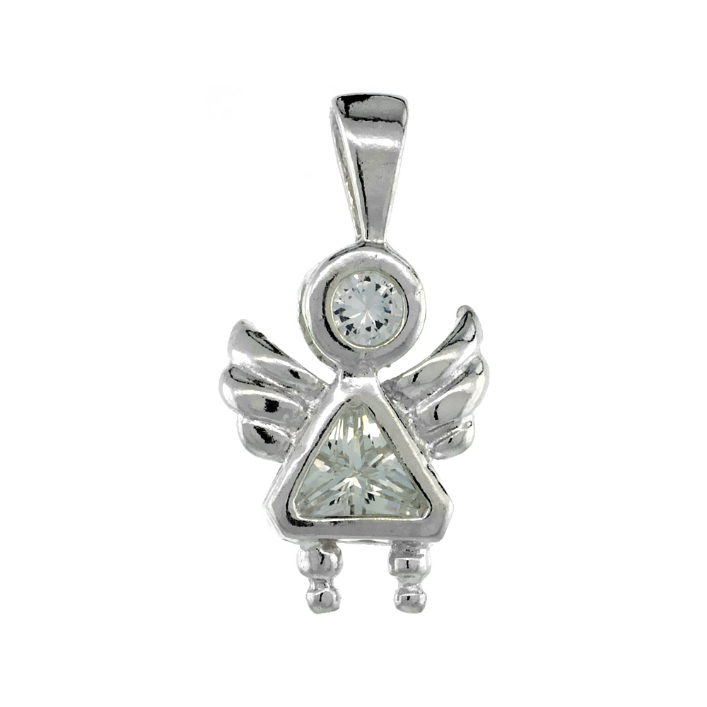 Sterling Silver Clear Cubic Zirconia April Birthstone Angel Pendant NO Chain