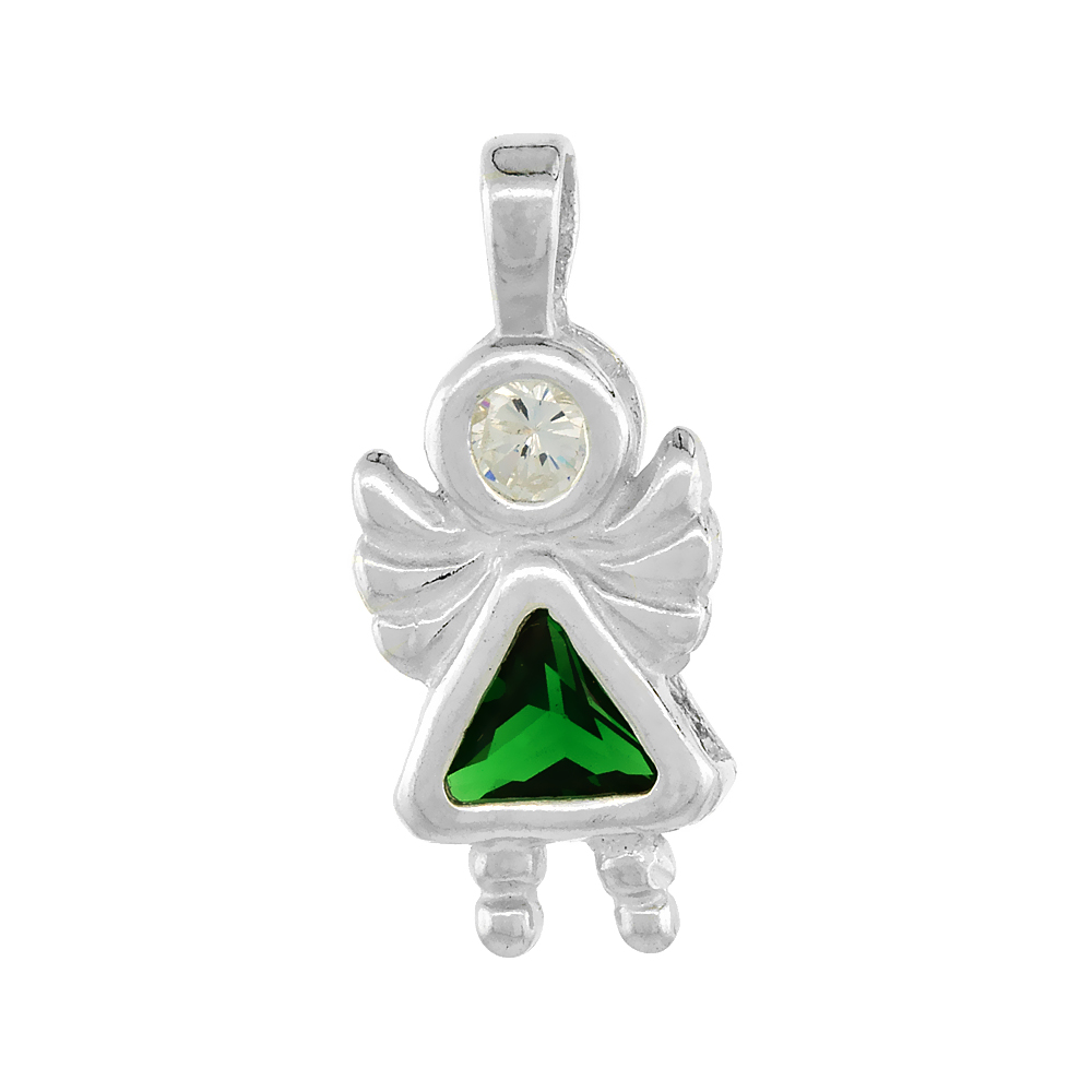 Sterling Silver Emerald Cubic Zirconia May Birthstone Angel Pendant NO Chain