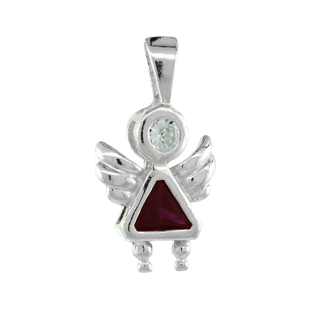 Sterling Silver Ruby Cubic Zirconia July Birthstone Angel Pendant NO Chain
