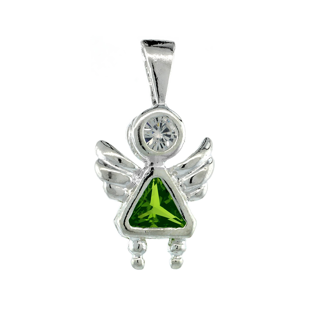 Sterling Silver Peridot Cubic Zirconia August Birthstone Angel Pendant NO Chain