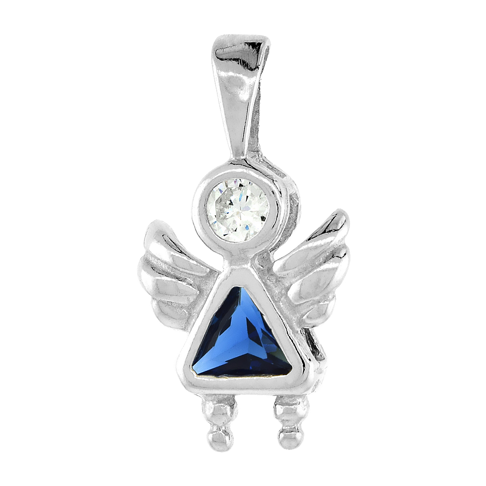 Sterling Silver Blue Sapphire Cubic Zirconia September Birthstone Angel Pendant NO Chain