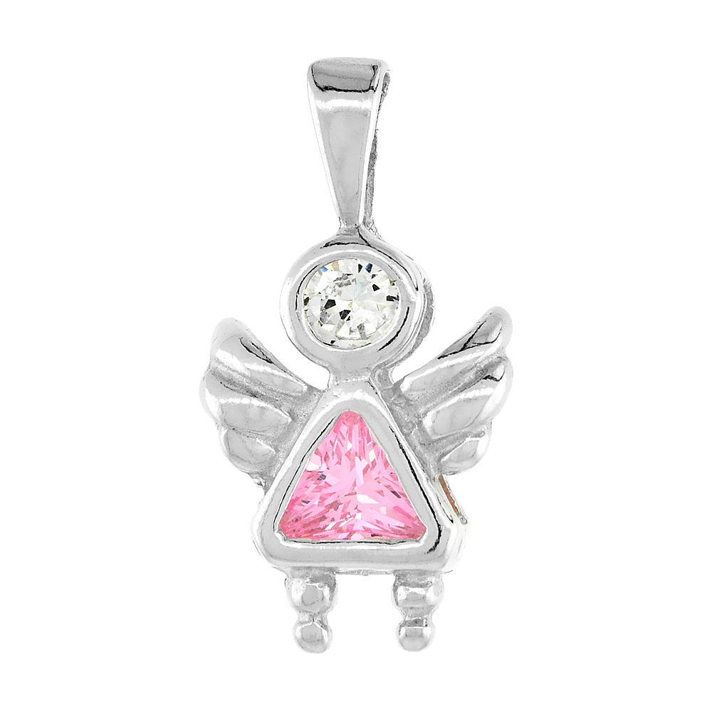Sterling Silver Pink Tourmaline Cubic Zirconia October Birthstone Angel Pendant NO Chain