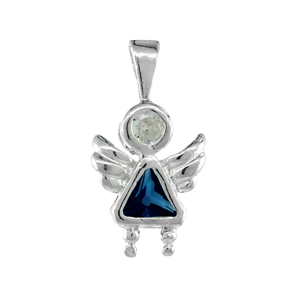 Sterling Silver Blue Topaz Cubic Zirconia December Birthstone Angel Pendant NO Chain