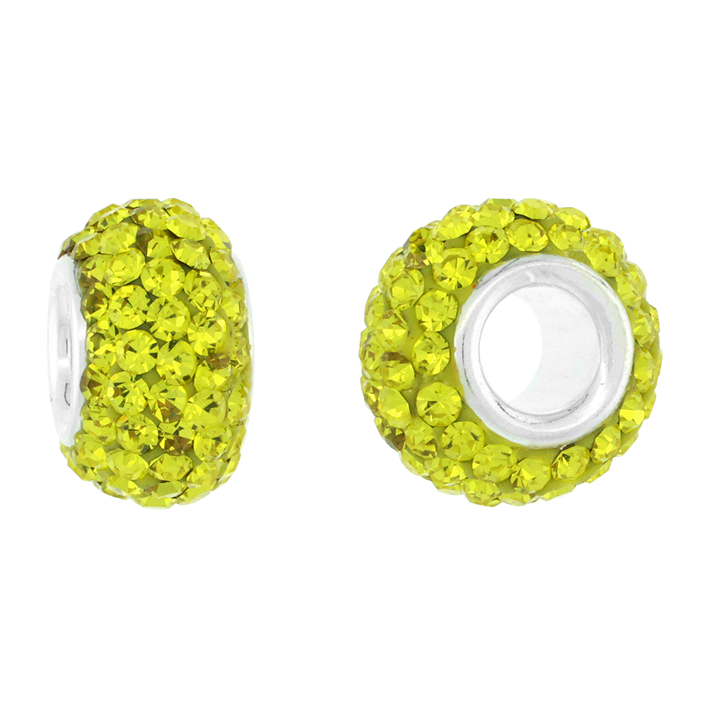 Sterling Silver Crystal Charm Bead Lime Color Charm Bracelet Compatible, 13 mm