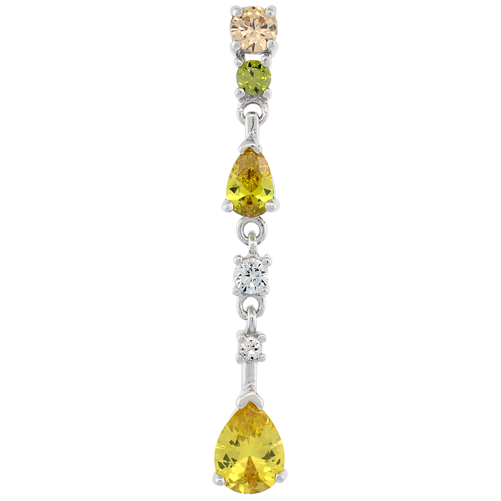 Sterling Silver Tear Drop Dangling CZ Pendant Peach, Green & Yellow Stones, 1 1/2 inch long