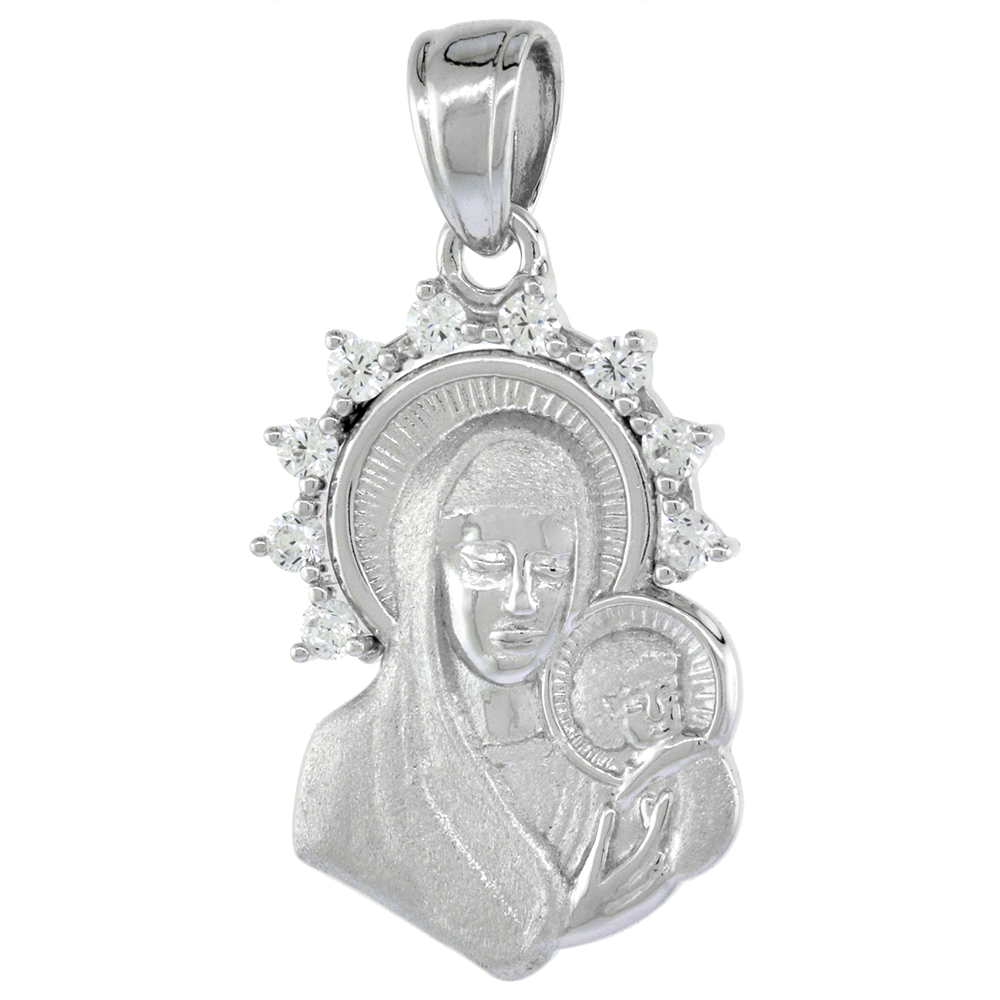 7/8 inch Sterling Silver Cubic Zirconia Madonna and Christ Pendant CZ Halo Rhodium Finish No Chain Included