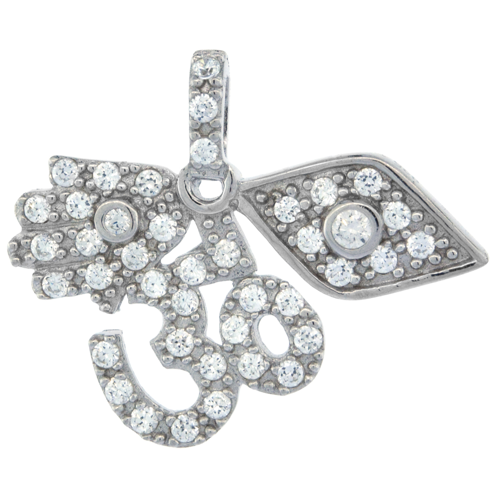 Sterling Silver OM Aum, Hamsa, Evil Eye Pendant w/ Cubic Zirconia Stones, 15/16 in. (24 mm) wide
