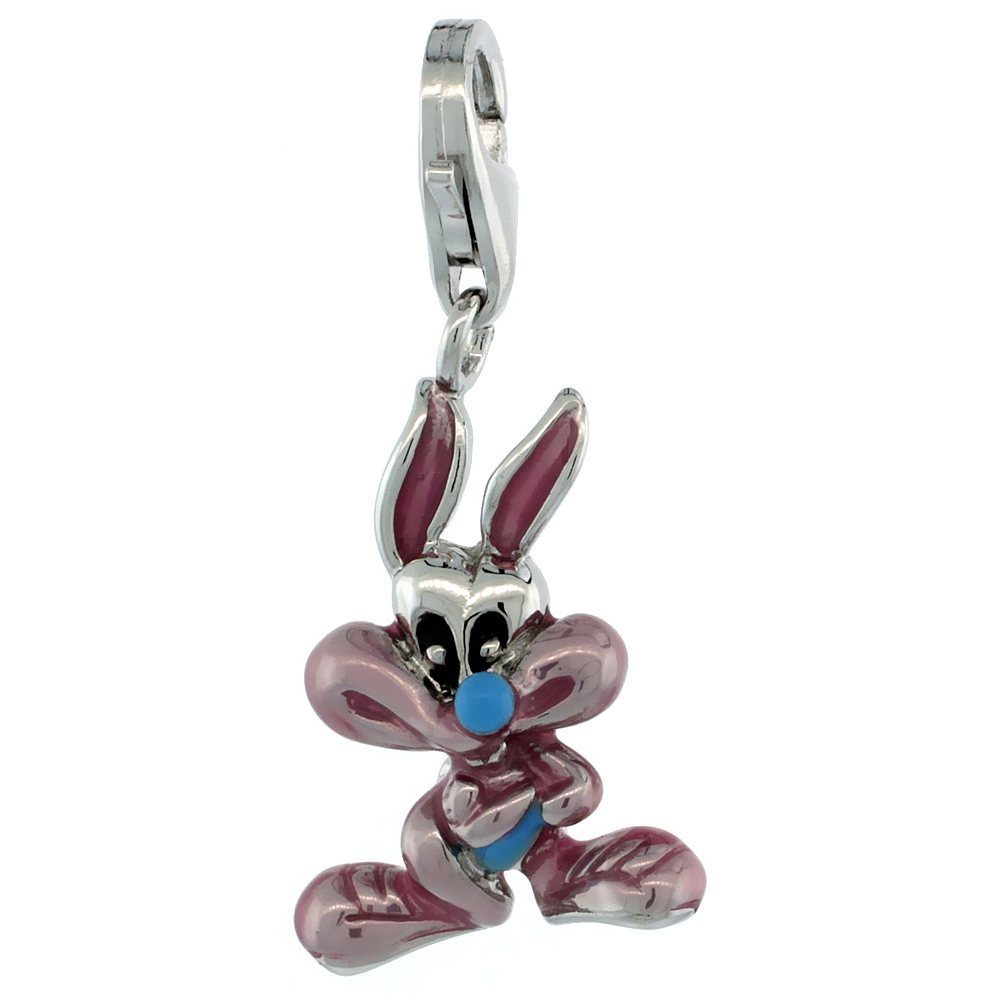 Sterling Silver Bunny Rabbit Charm for Bracelet, 7/8 in. (22 mm) tall, Lavender Enamel Finish