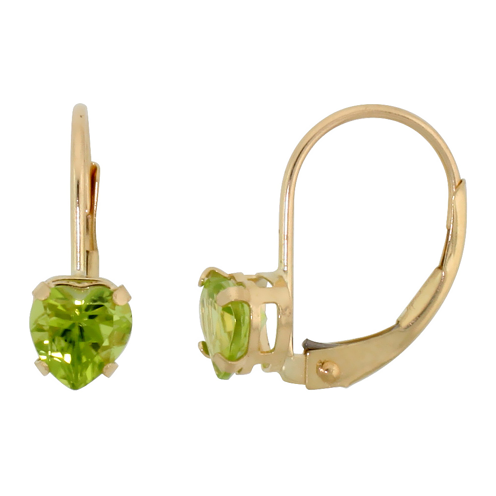 10k Yellow Gold Natural Peridot Heart Leverback Earrings 5mm August Birthstone 9/16 inch long