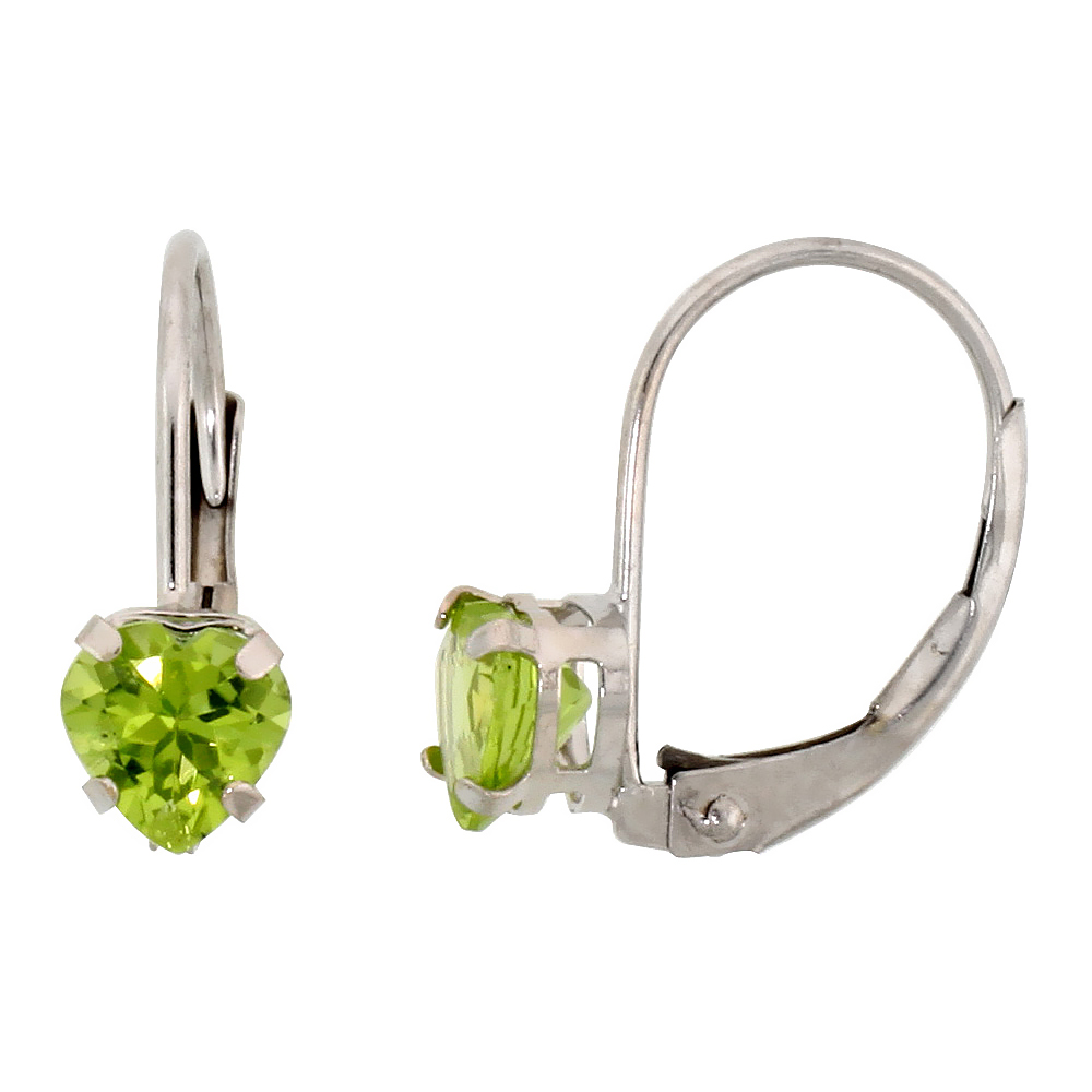 10k White Gold Natural Peridot Heart Leverback Earrings 5mm August Birthstone 9/16 inch long