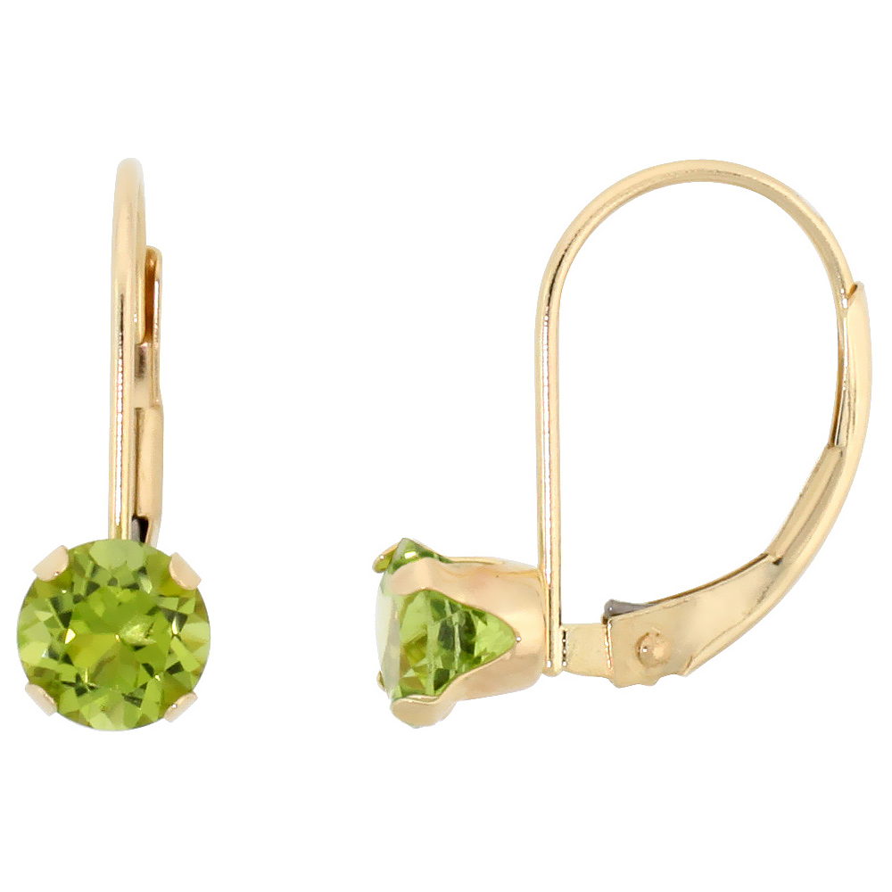 10k Yellow Gold Natural Peridot Leverback Earrings 5mm Brilliant Cut August Birthstone 9/16 inch long