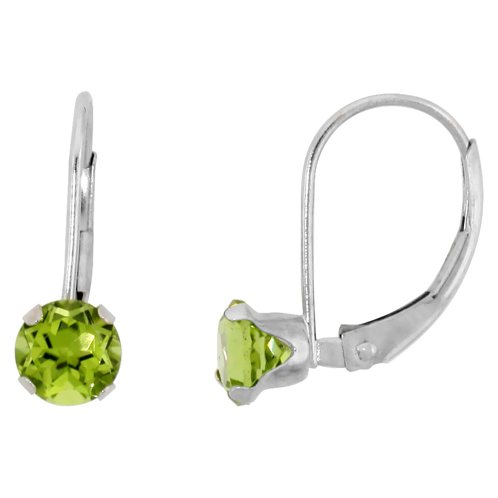 10k White Gold Natural Peridot Leverback Earrings 5mm Brilliant Cut August Birthstone 9/16 inch long