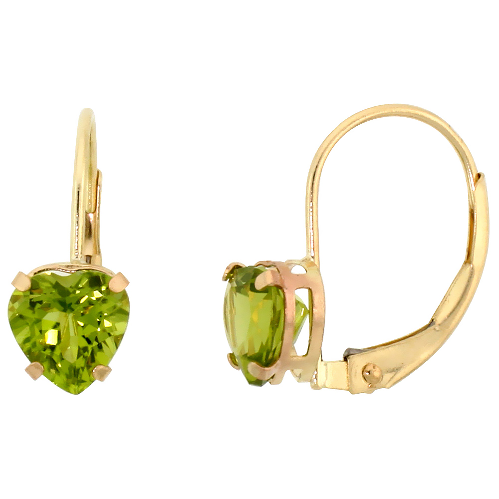 10k Yellow Gold Natural Peridot Heart Leverback Earrings 6mm August Birthstone 9/16 inch long