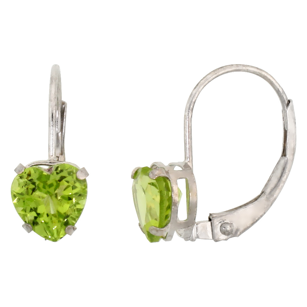 10k White Gold Natural Peridot Heart Leverback Earrings 6mm August Birthstone 9/16 inch long