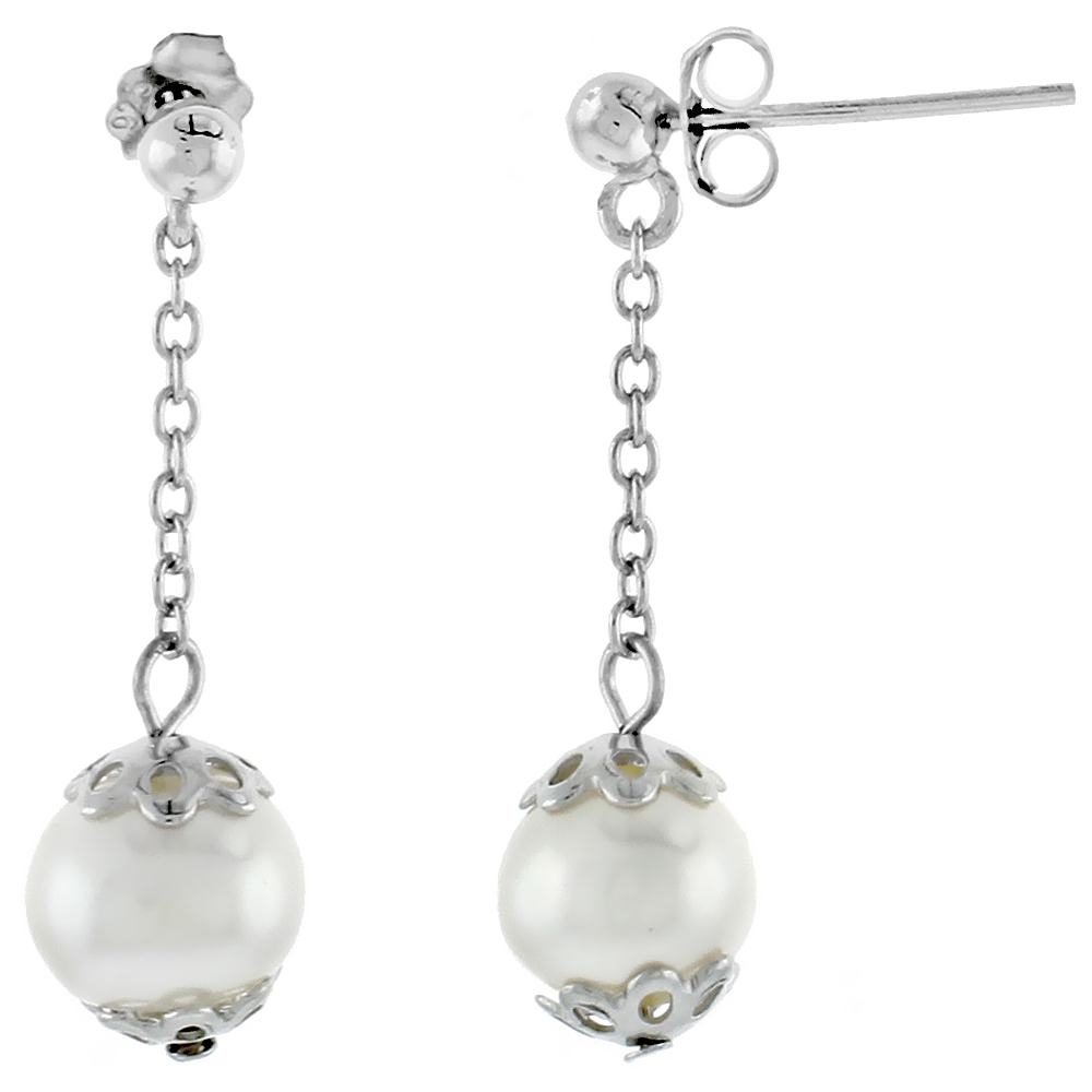Sterling Silver Pearl Drop Earrings 8 mm Freshwater, 29 mm Long