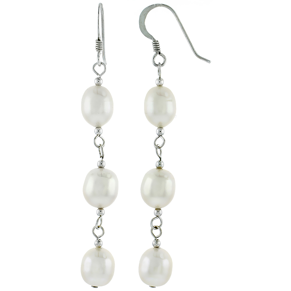 Sterling Silver Pearl Drop Earrings 8.5 mm Freshwater, 47 mm Long