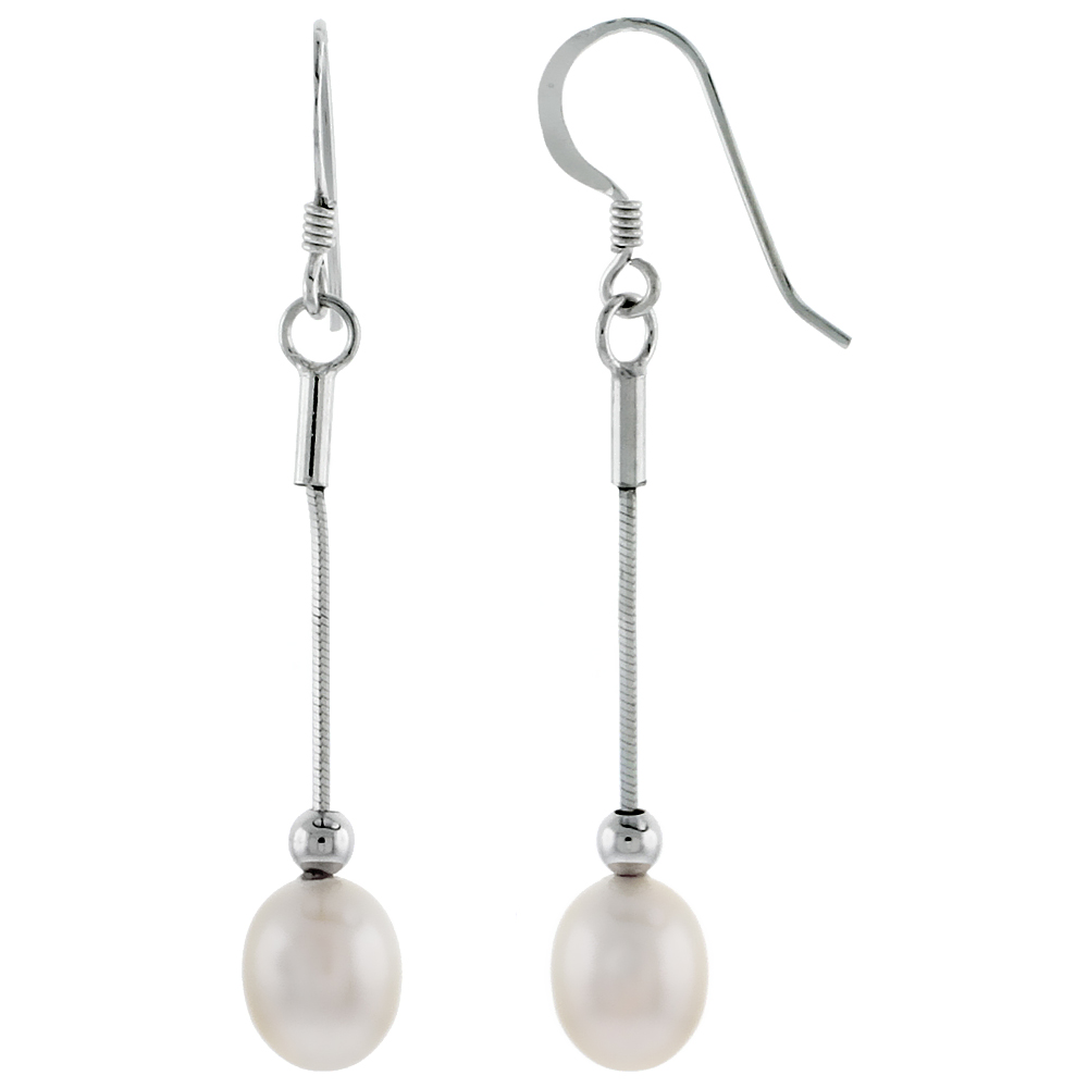 Sterling Silver Pearl Drop Earrings 8.5 mm Freshwater, 34 mm Long