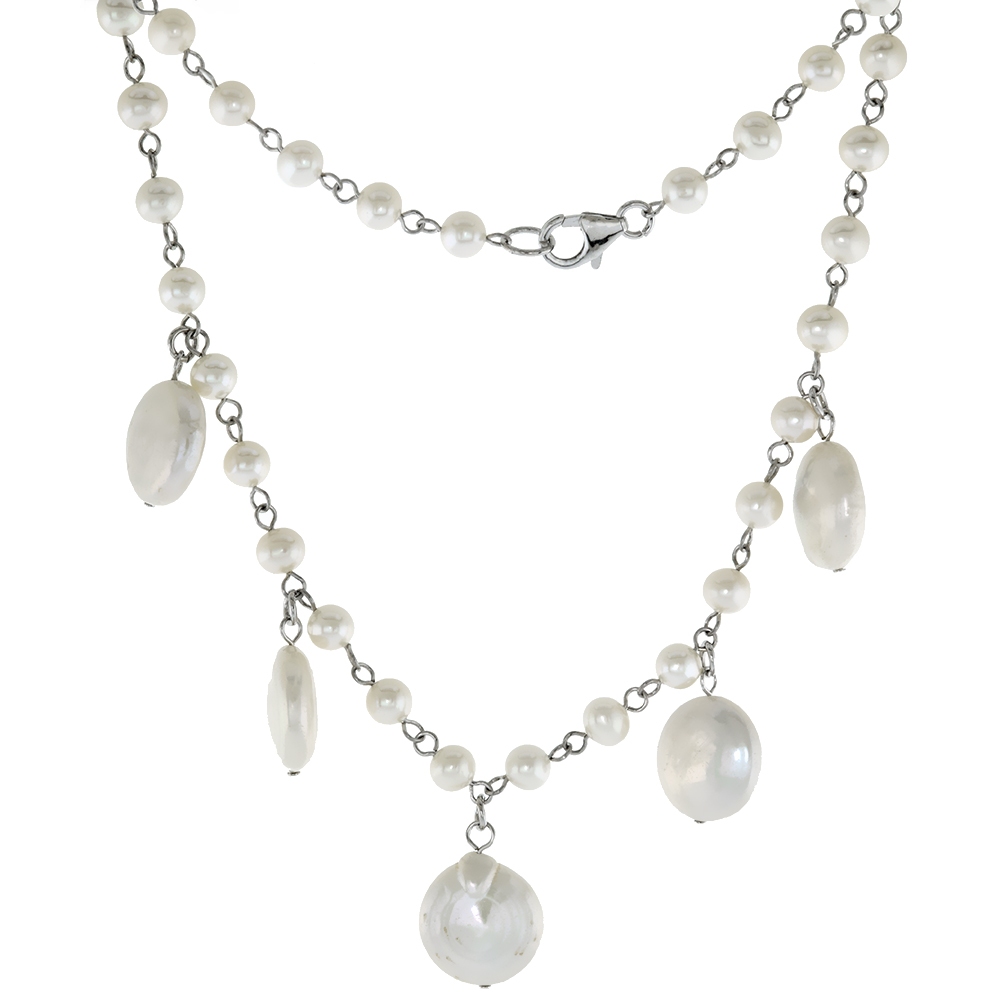 Sterling Silver Cultured Freshwater 14mm Coin Pearl Necklace for Women with 5mm Rounds 16 inch