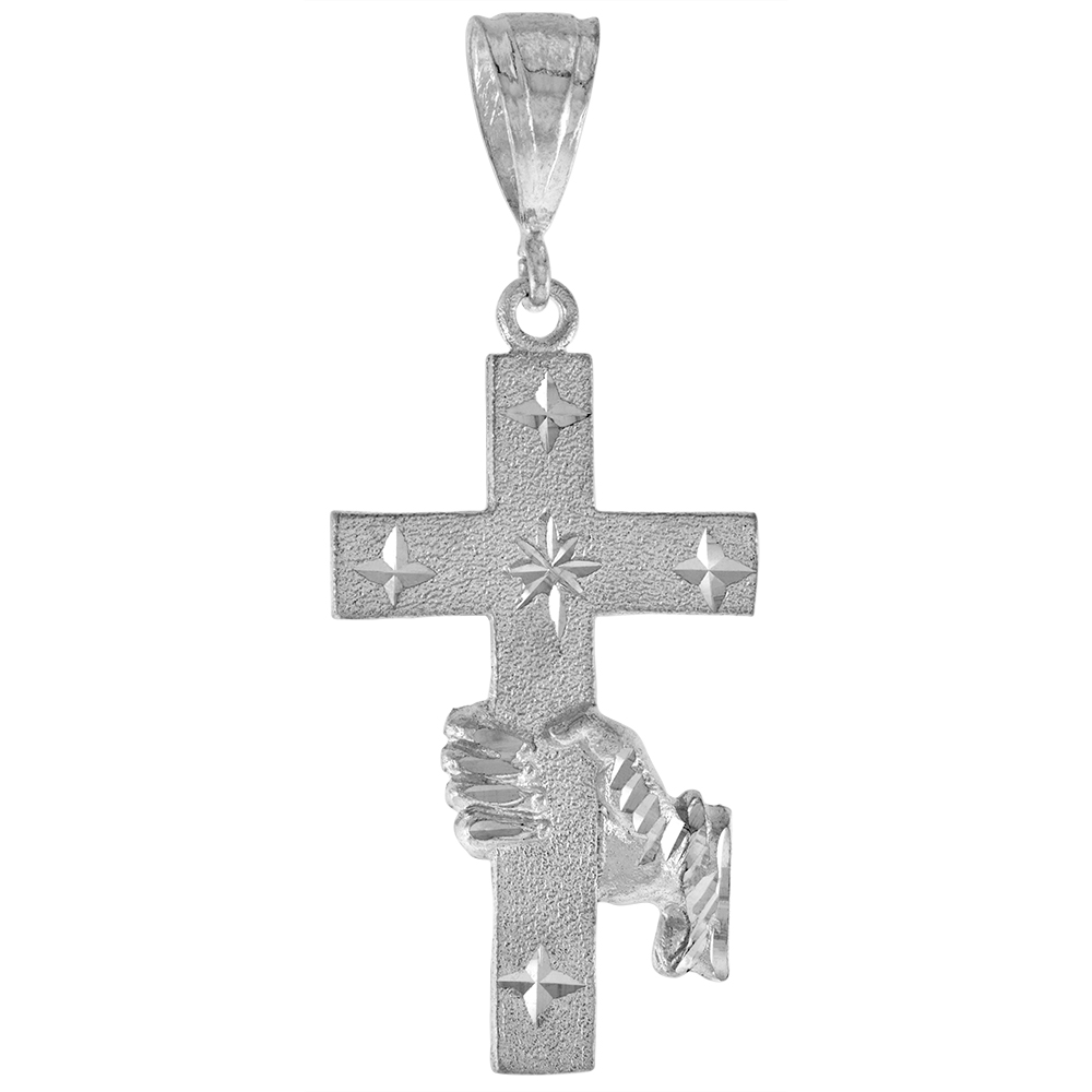 2 1/16 inch Large Sterling Silver Cross Pendant for Men Diamond Cut finish