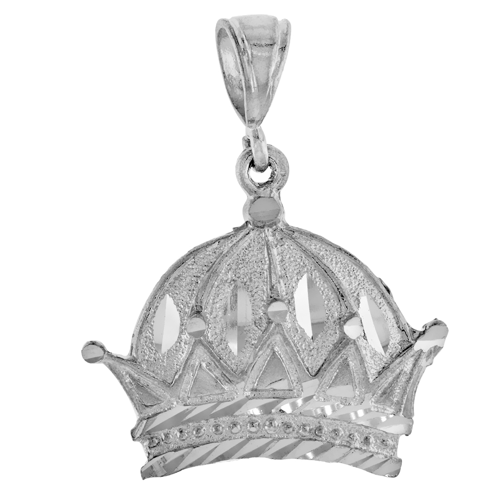 2 1/8 inch Large Sterling Silver Crown Pendant for Men Diamond Cut finish