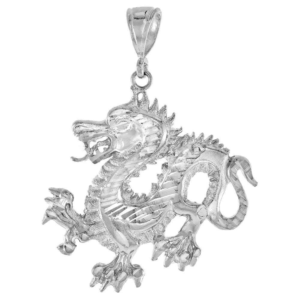 3/4 inch Sterling Silver Small Dragon Pendant for Men Diamond Cut finish