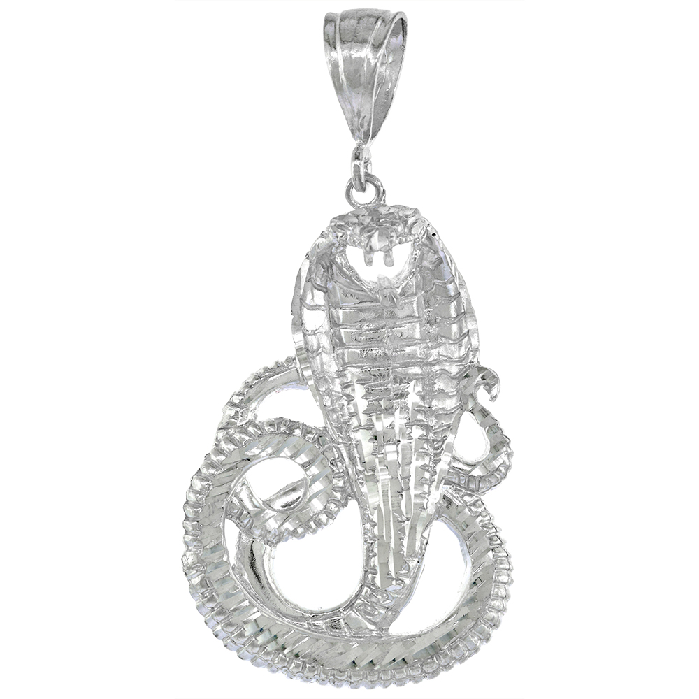 2 1/4 inch Large Sterling Silver Cobra Snake Pendant for Men Diamond Cut finish