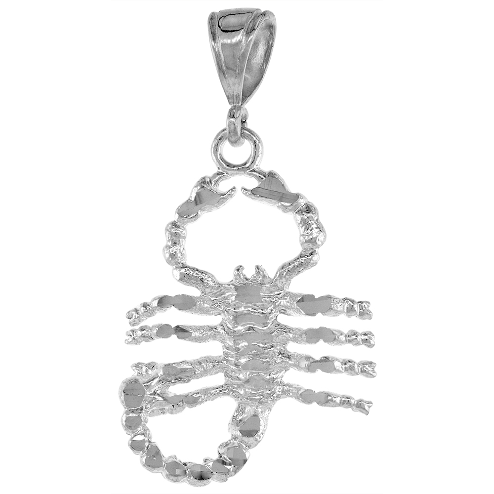 1 1/4 inch Large Sterling Silver Scorpio Pendant for Men Diamond Cut finish