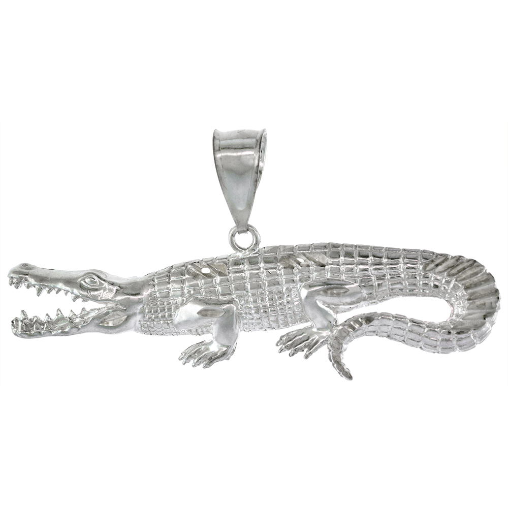 3 1/16 inch Large Sterling Silver Alligator Pendant for Men Diamond Cut finish