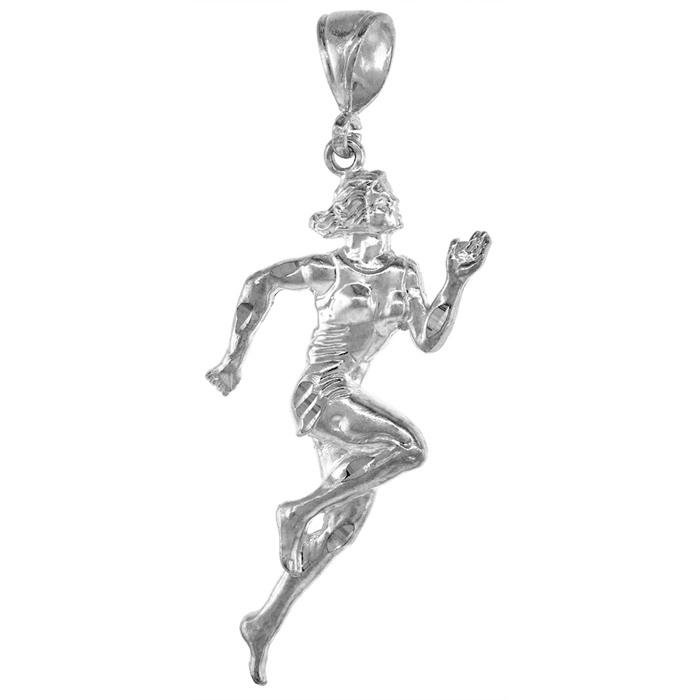 2 3/16 inch Large Sterling Silver Runner Pendant for Men Diamond Cut finish