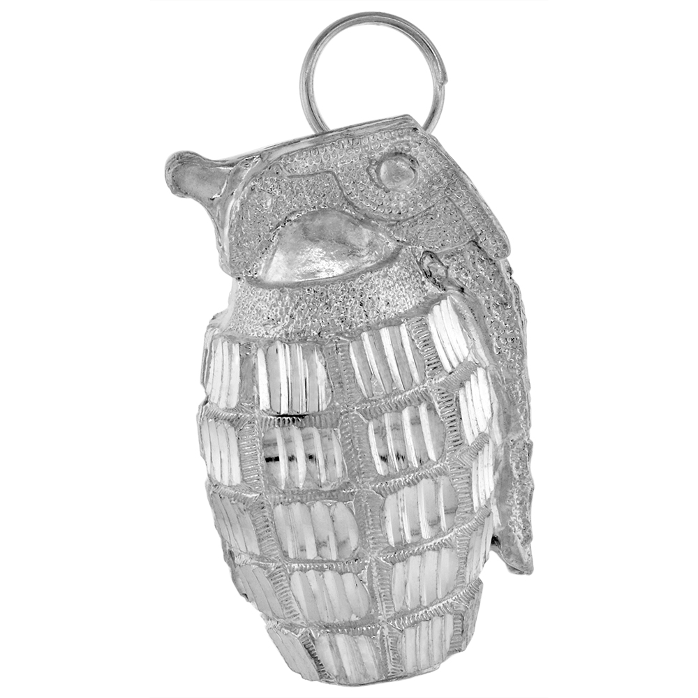 1 1/2 inch Large Sterling Silver Hand Grenade Pendant for Men Diamond Cut finish