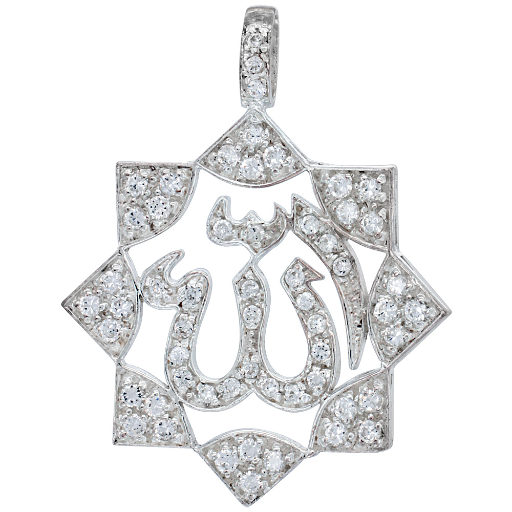 Hip Hop Jewelry for Men Iced Out Sterling Silver Cubic Zirconia ALLAH Pendant 1 3/4 inch wide