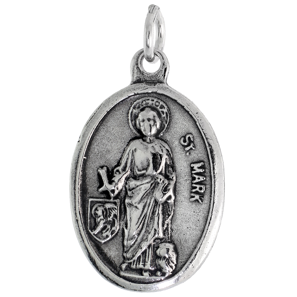 Sterling Silver St Mark Medal Pendant Oxidized finish Oval 7/8 inch