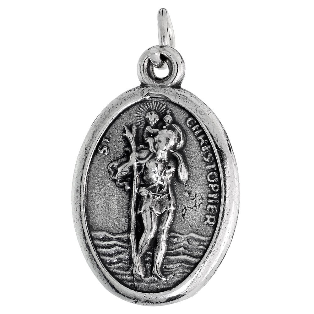 Sterling Silver St Christopher Medal Pendant Oxidized finish Oval 7/8 inch