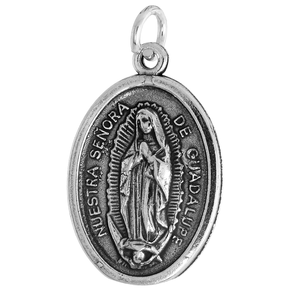 Sterling Silver Our Lady of Guadalupe Medal Pendant Oxidized finish Oval 7/8 inch