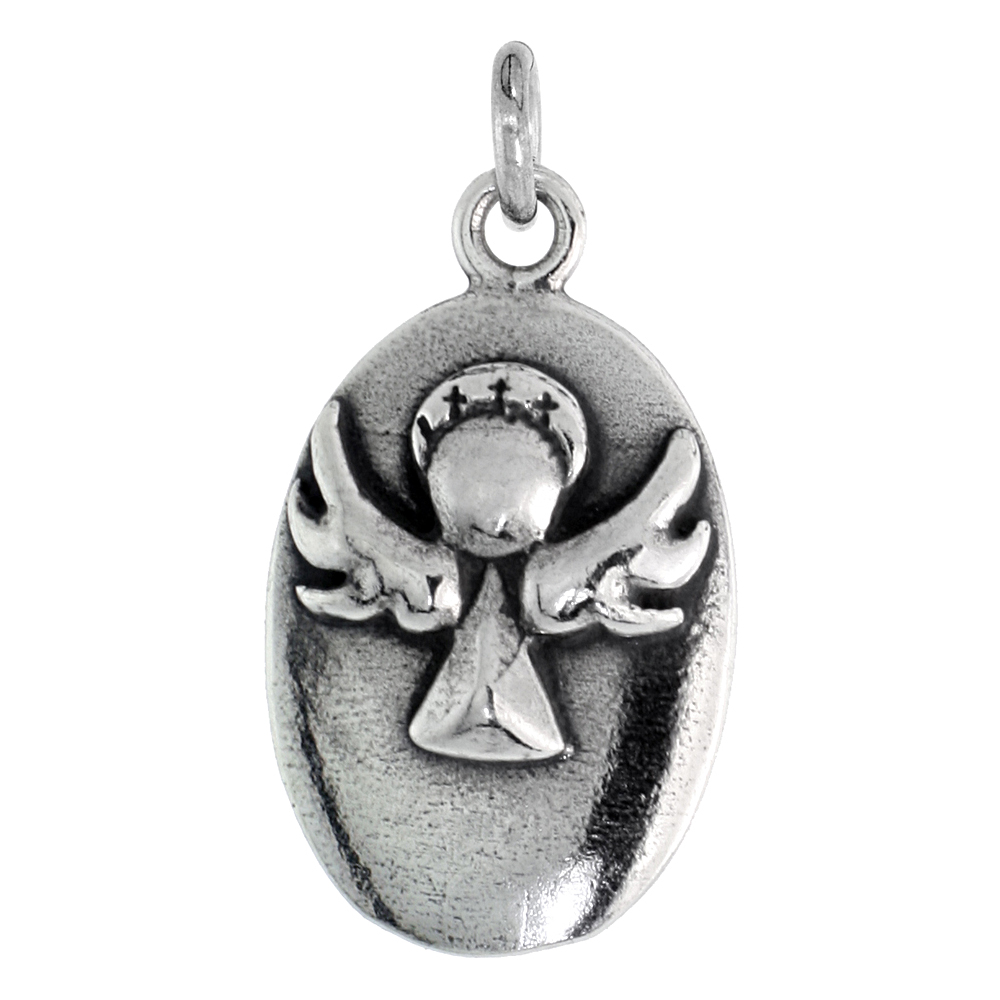 Sterling Silver Guardian Angel Medal Pendant Oxidized finish Oval 13/16 inch