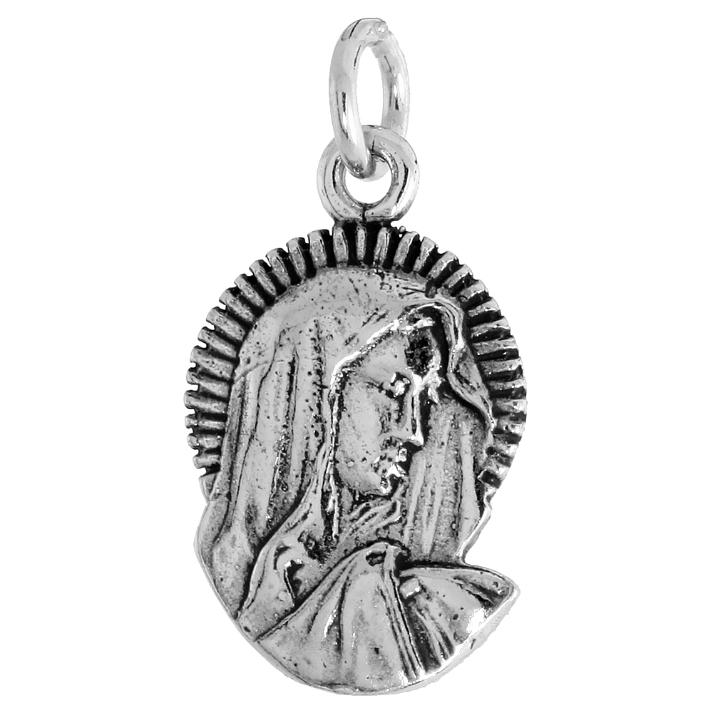 Sterling Silver Blessed Virgin Mary Medal Pendant Oxidized finish Oval 3/4 inch