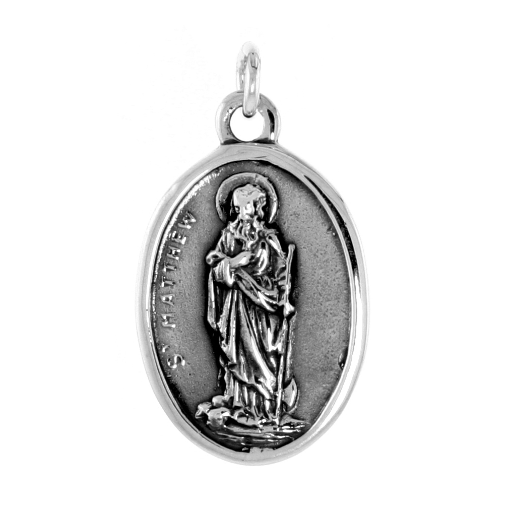 Sterling Silver St Matthew Medal Pendant Oxidized finish Oval 1 inch