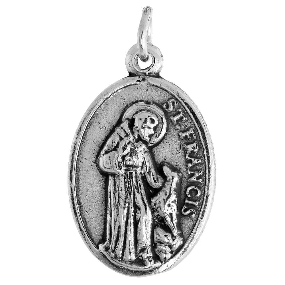 Sterling Silver St Anthony & St Francis Medal Pendant Oxidized finish Double-sided Oval 7/8 inch