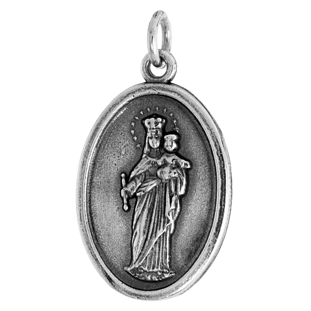 Sterling Silver Virgin Mary & Christ Medal Pendant Oxidized finish Oval 7/8 inch