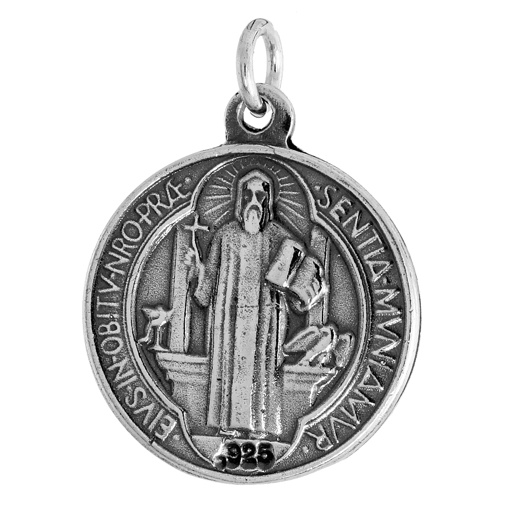 Sterling Silver St Benedict Medal Pendant 3/4 inch Round Oxidized finish Available with or without a Silver Chain