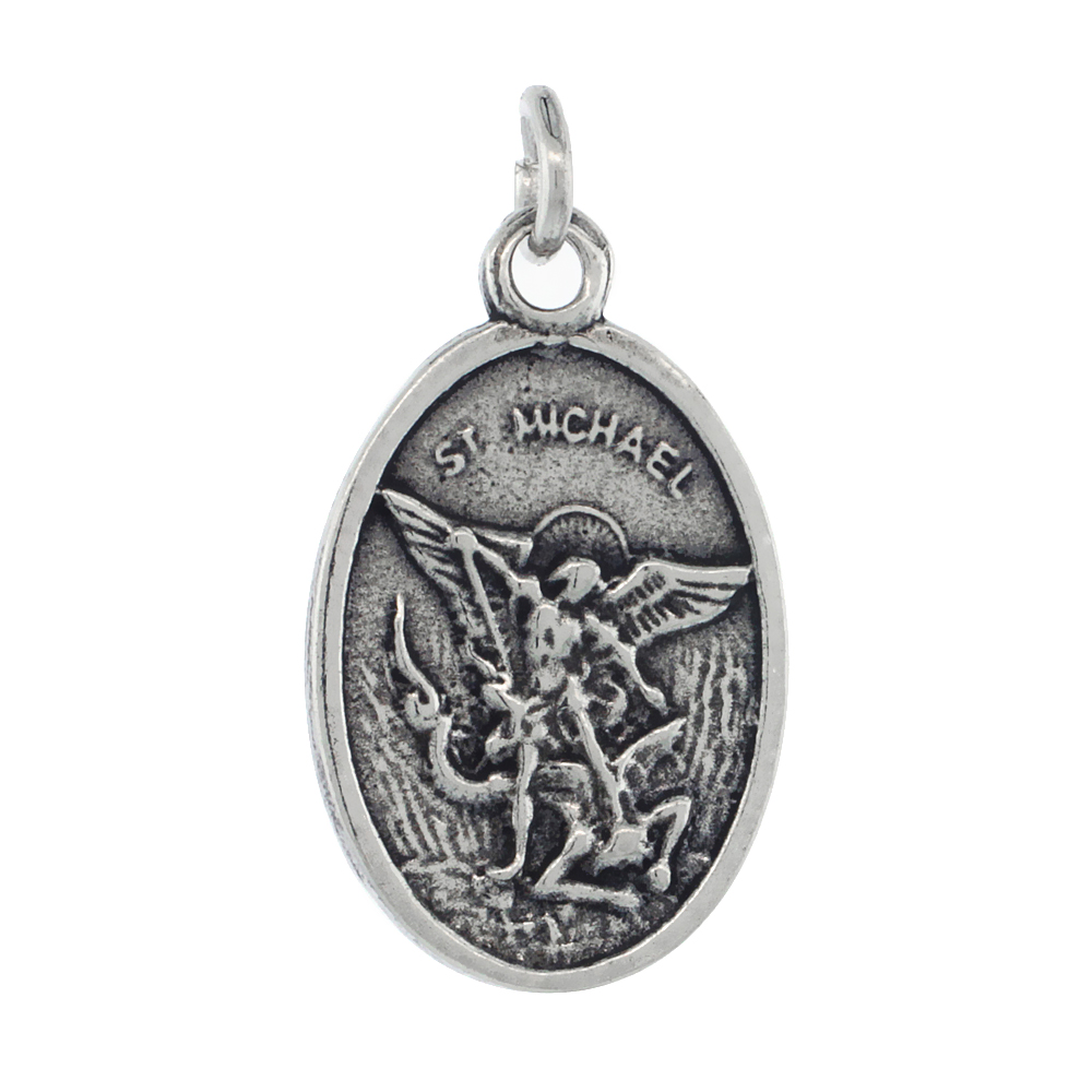 Sterling Silver St Michael Medal Pendant Oxidized finish Oval 1 inch