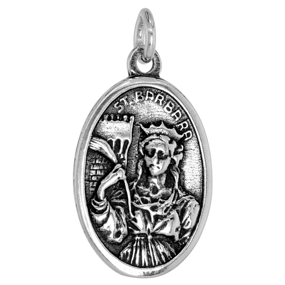 Sterling Silver St Barbara Medal Pendant Oxidized finish Oval 1 inch
