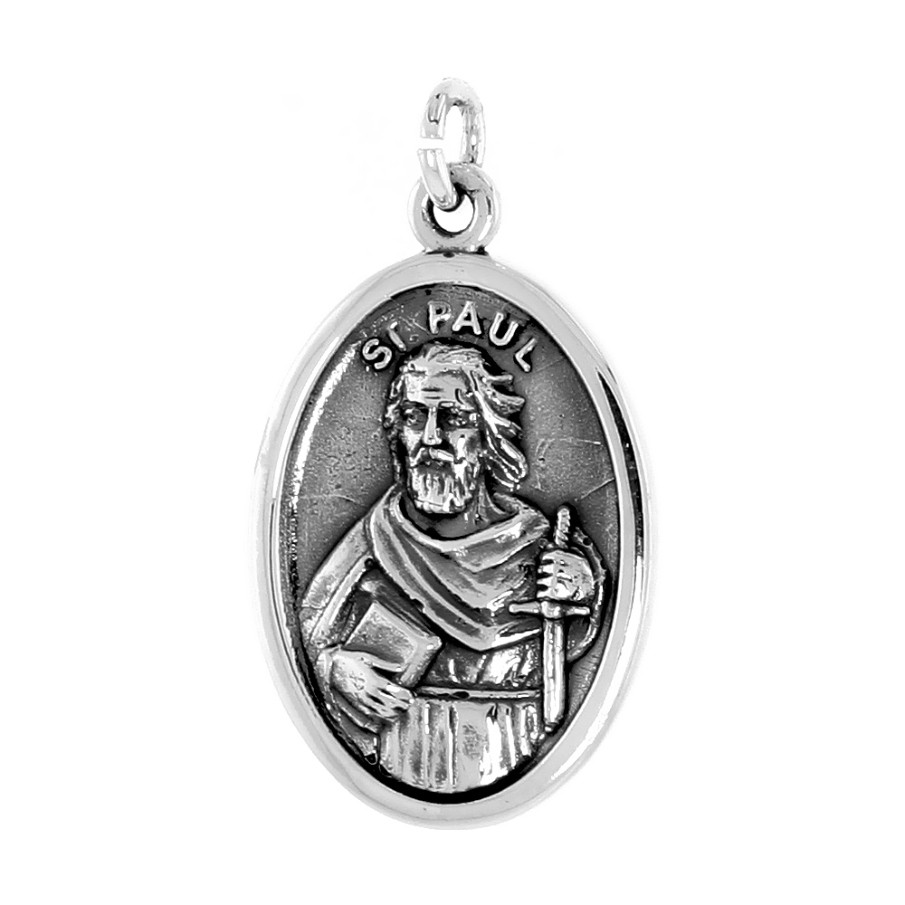 Sterling Silver St Paul Medal Pendant Oxidized finish Oval 1 inch