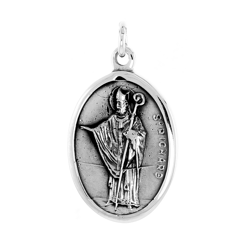 Sterling Silver St Richard Medal Pendant Oxidized finish Oval 1 inch