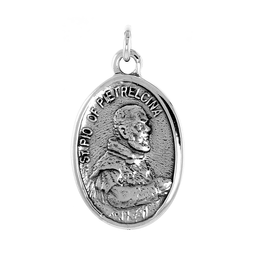 Sterling Silver St Padre Pio Medal Pendant Oxidized finish Oval 1 inch