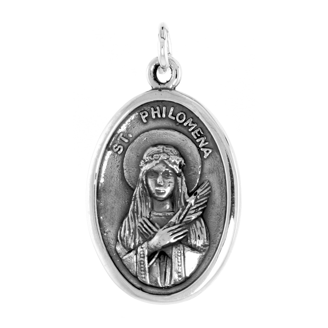 Sterling Silver St Philomena Medal Pendant Oxidized finish Oval 1 inch